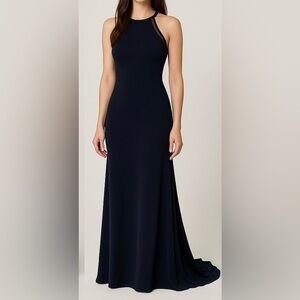 Night Way Collections Deep Blue Formal Gown with Mesh Bodice Detail and Slit